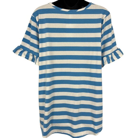NY Collection Blue White Stripe Ruffle Sleeve Top Extra Large XL Round Neck New - Picture 4 of 8